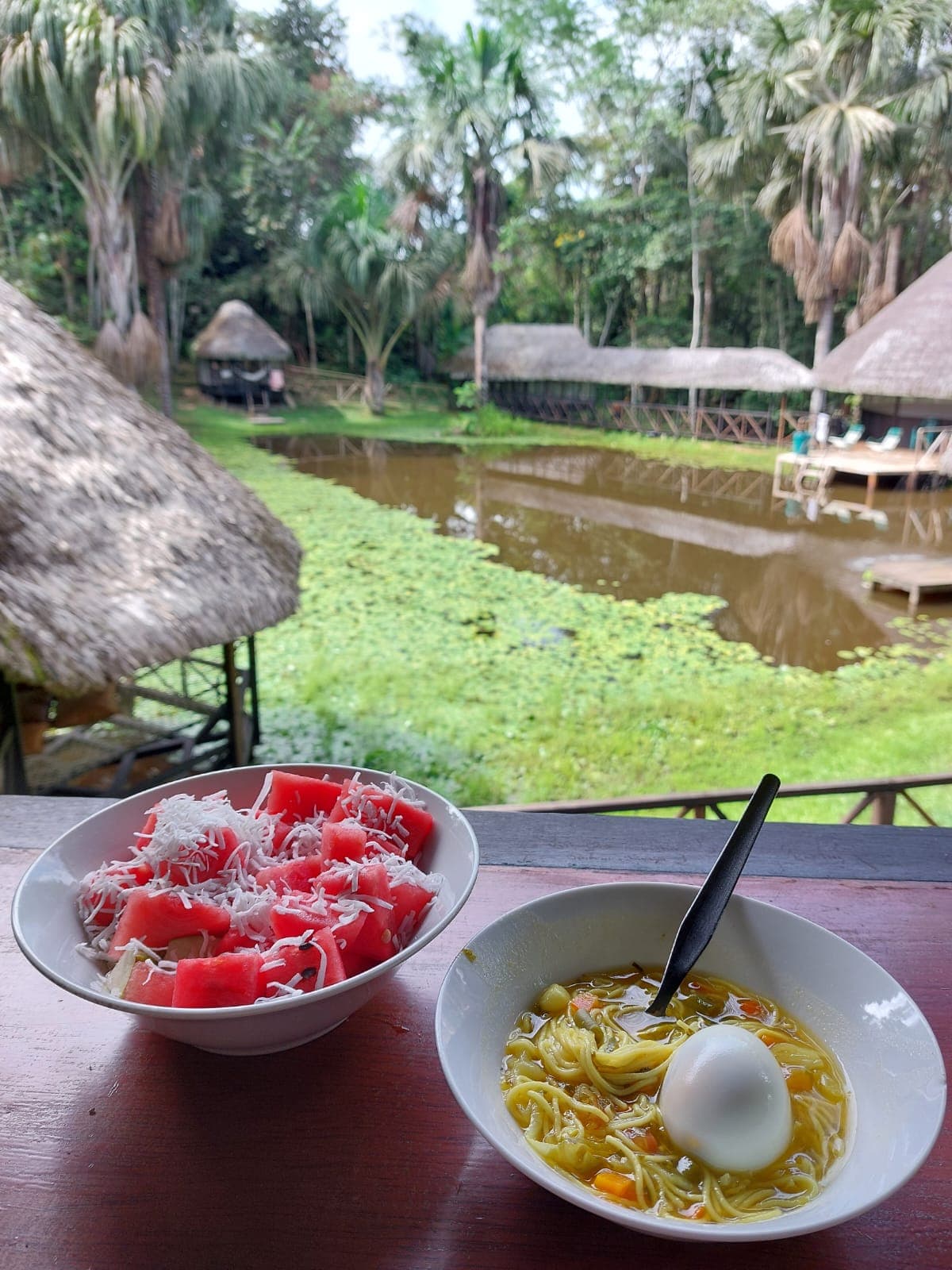 A simple meal at Dreamglade — a bowl of light noodle soup and fresh watermelon, served by the lake
